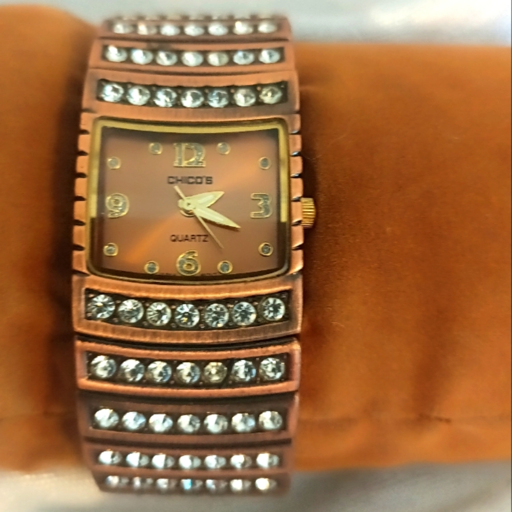 Chico's Copper tone rhinestone bracelet watch